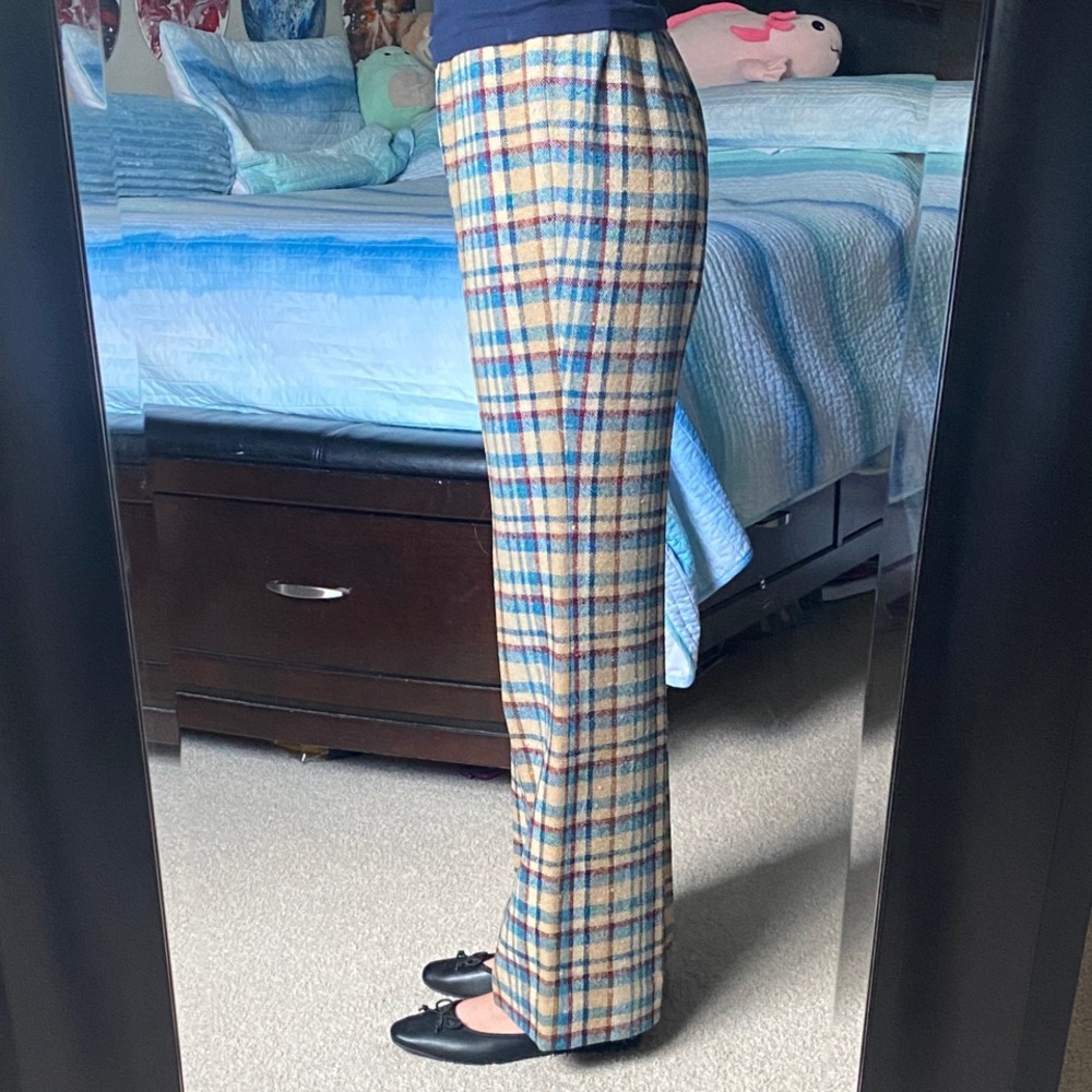 Vintage Pendleton Rare 100% Virgin Wool Checked Wide Leg Pants in Blue & Tan - Picture 7 of 10